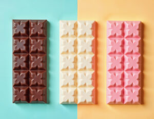 Three chocolate bars viewed from above, a dark, a white and a ruby cocoa bar.