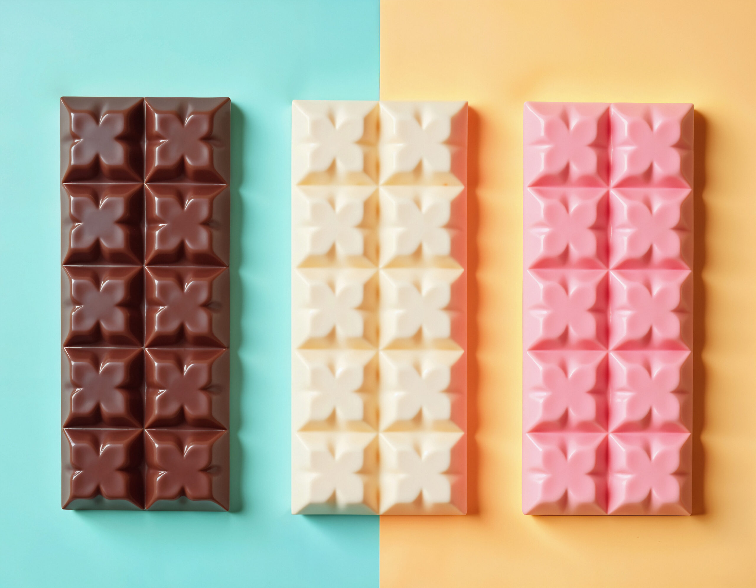 Three chocolate bars viewed from above, a dark, a white and a ruby cocoa bar.