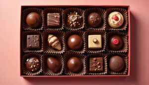 An assorted box of chocolate bonbons viewed from above.