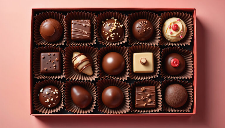 An assorted box of chocolate bonbons viewed from above.